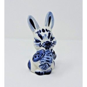 Rabbit Bunny Carrot Gzhel Porcelain Figurine Handmade Russia Cobalt White 4.5in